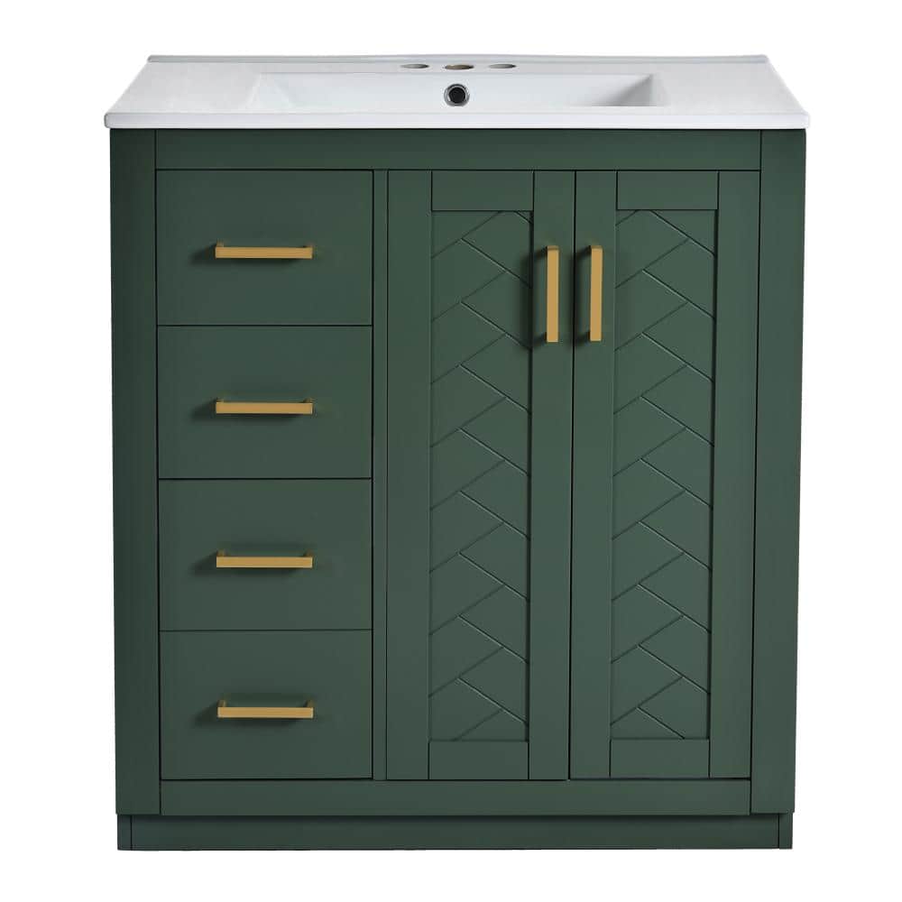 30 in. Freestanding Solid Wood Bathroom Vanity in Green with Glossy White Ceramic Top price history on PriceWatchPro