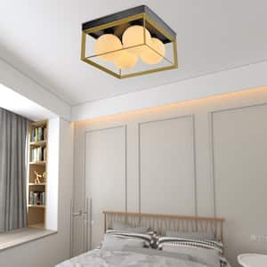 Raleigh 4-Light 13.98 in. Black/Gold Lantern Square/Rectangle Flush Mount With White Shade
