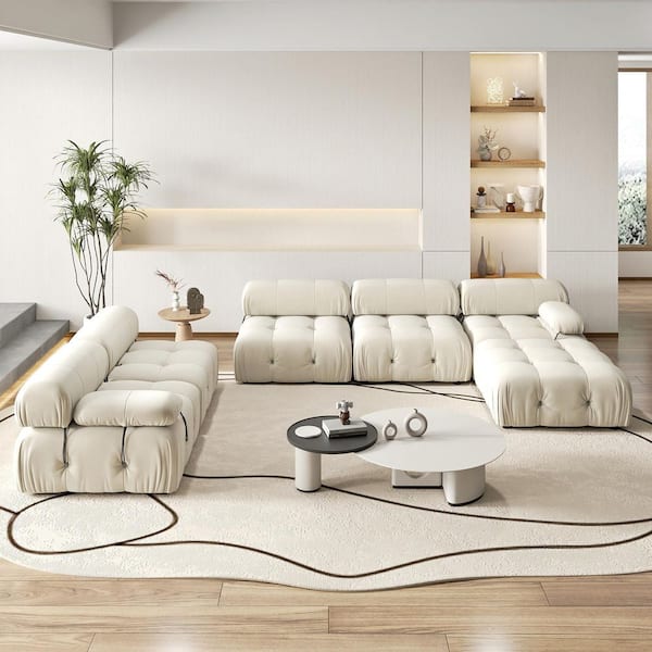 Chameleon 138 in. Square Arm 6-piece Modern Velvet Modular Combination Sectional Sofa Living Room with Ottoman in Beige