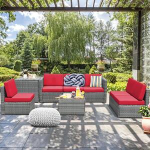 8-Piece Gray Wicker Patio Conversation Set with Red Cushions