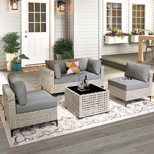 XIZZI Apollo 5-Piece Wicker Outdoor Patio Conversation Seating Set with Dark Gray Cushions