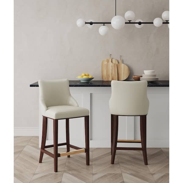Manhattan Comfort Shubert 29.13 in. Ivory Beech Wood Bar Stool with Faux Leather Upholstered Seat (Set of 2)