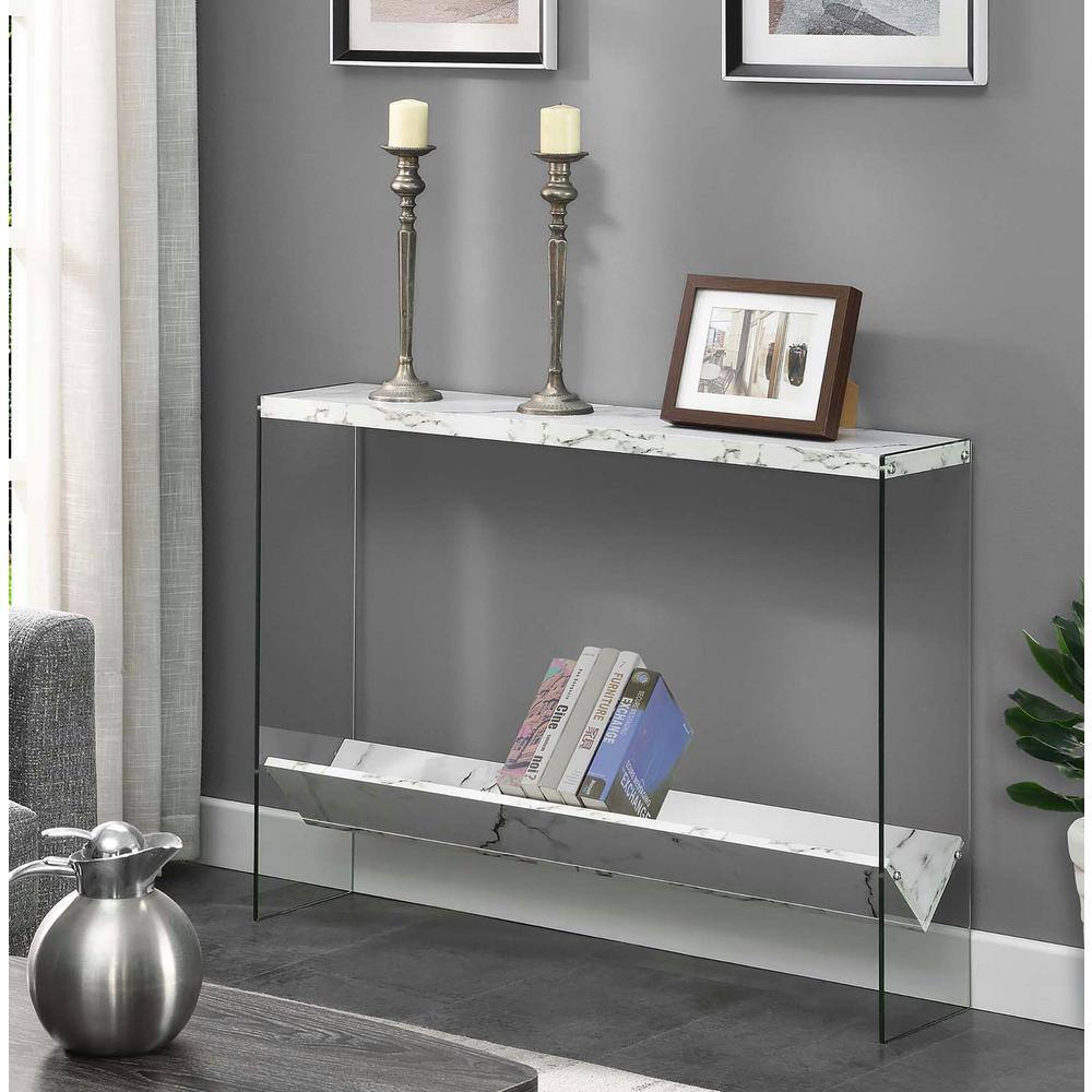 White Faux Marble and Glass Console Table with Storage Shelf
