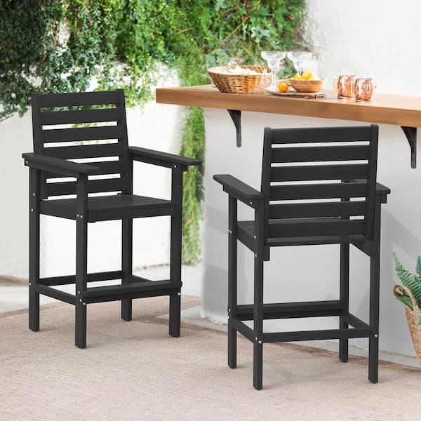 LUE BONA Black Plastic HDPE Outdoor Bar Stool with Arms (2-Pack)