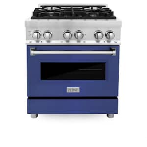 30 in. 4 Burner Dual Fuel Range with Blue Matte Door in Stainless Steel