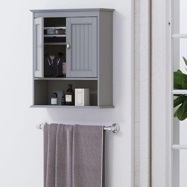 Dracelo 16.5 in. W x 6.5 in. D x 27.5 in. H Grey Wooden Bathroom Wall Cabinet with Adjustable Shelf and Single Door