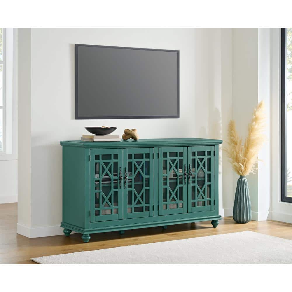 Teal 63" TV Stand with Glass Cabinet Doors