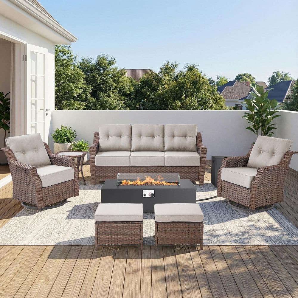 Henn 7-Piece Brown Wicker Outdoor Fire Pit Patio Conversation Sofa Set with Beige Cushions and Swivel Rocking Chairs price history on PriceWatchPro