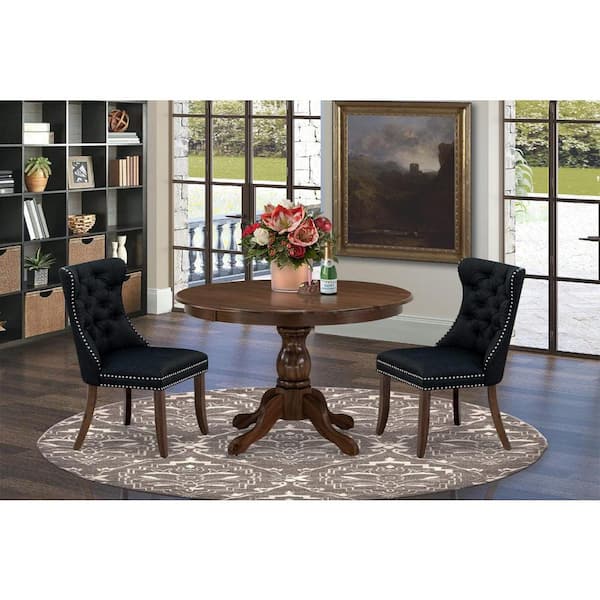 East West Furniture 3-Piece Antique Walnut Finish Solid Wood Top-Round Dining Room Set-Seats 4