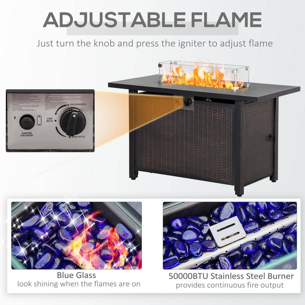 Bronze Rectangular Gas Fire Pit Table with Glass Wind Guard
