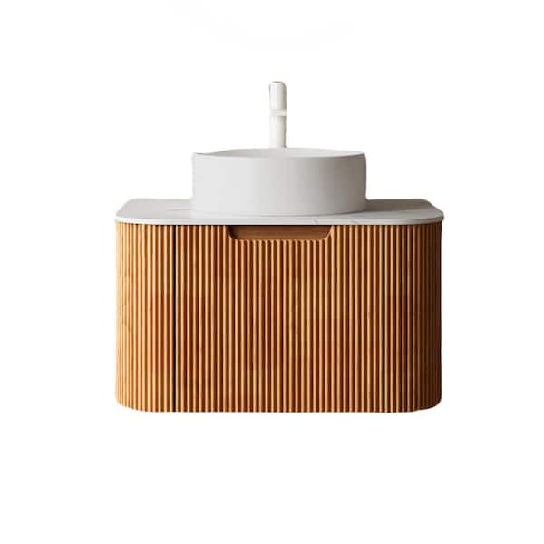 24 in. W x 19 in. D x 20 in. H Single Sink Wall-Mounted Bath Vanity in Natural Wood with White Engineered Marble Top