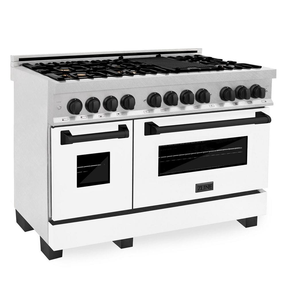 ZLINE Kitchen and Bath Autograph Edition 48" 6.0 cu. ft. Dual Fuel Range in Fingerprint Resistant Stainless Steel with White Matte and Black, DuraSnow Stainless Steel with White Matte Door and Matte Black Accents