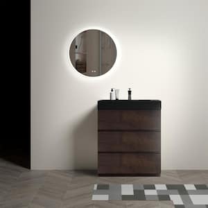 30 in. W Modern Freestanding Bathroom Vanity with 3 Drawers and Single Black Sink in Brown