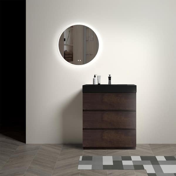 FUNKOL 30 in. W Modern Freestanding Bathroom Vanity with 3 Drawers and Single Black Sink in Brown