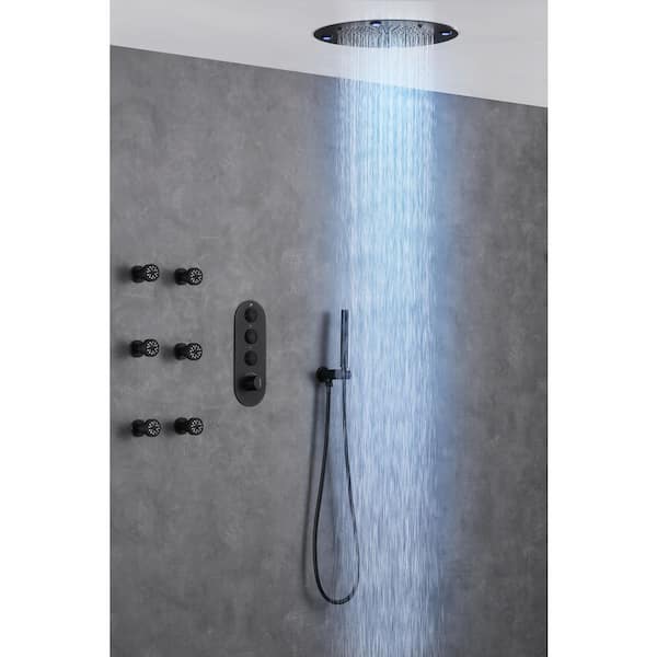 Vanfoxle Luxury 5-Spray Thermostatic Shower Head 16 in. Round Ceiling Fixed and Handheld Shower Head and 6-Jet in Matte Black