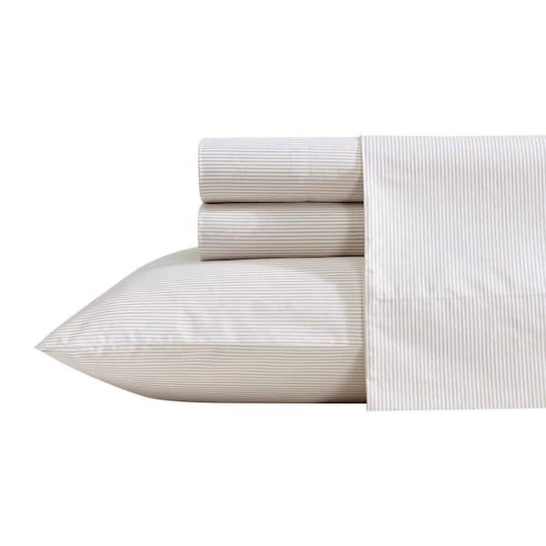 Penny Pinstripe 4-Piece Cream/Brown Percale Cotton Full Sheet Set