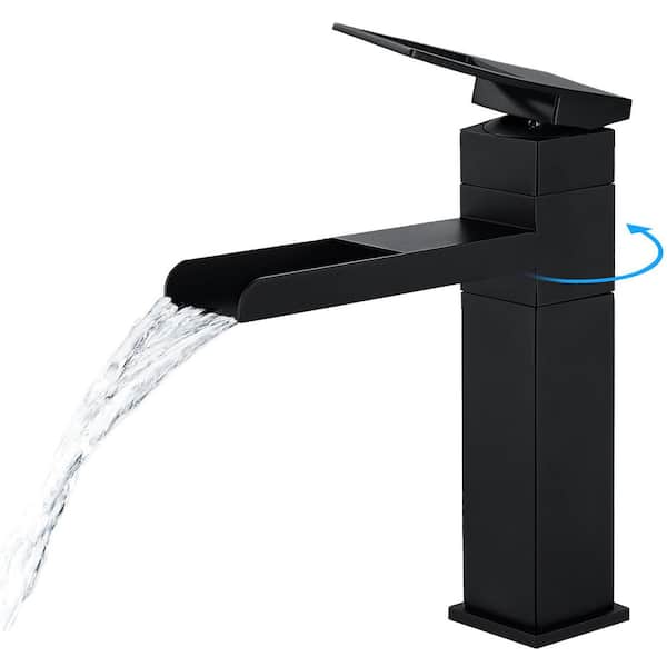 ruiling Single Handle Single Hole 360° Rotating Waterfall Spout Bathroom Faucet in Stainless Steel Matte Black
