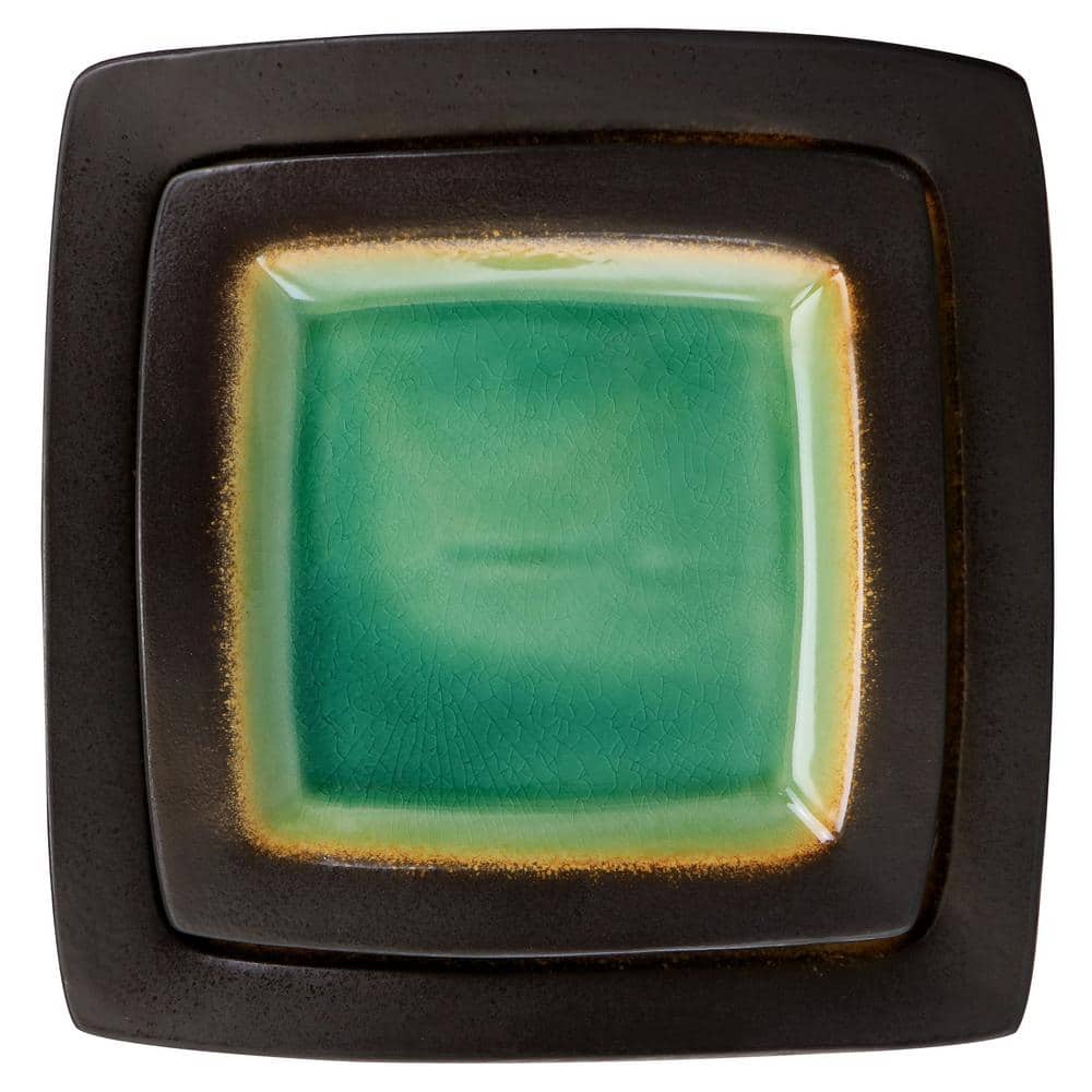 Green Floral Ceramic Square Dinnerware Set, Service for 4