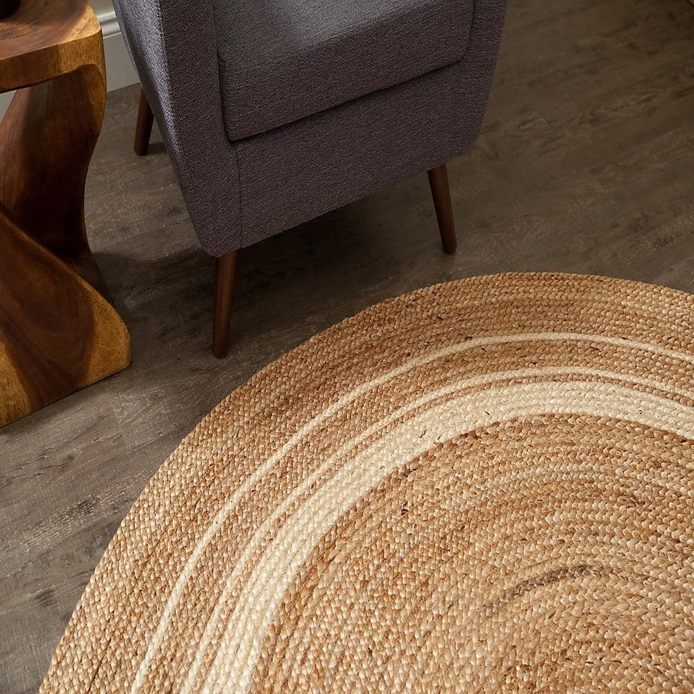 Sunrise Beige Tan Ivory Braided Wool Round Rug, 6' Diameter