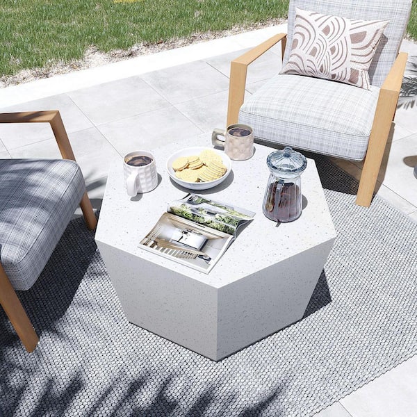 Terrazzo White Hexagon Concrete Outdoor Coffee Table, Patio Conversation Table