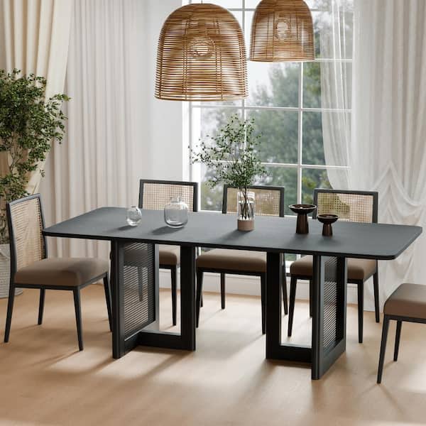 Rectangle Black Wood 79 in. Double Pedestal Dining Table Seats 8