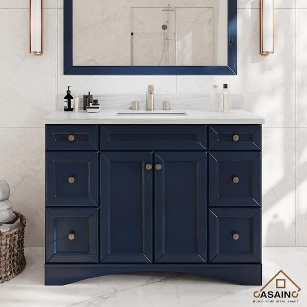 CASAINC 48 in. W x 22 in. D x 35.4 in. H Single Sink Solid Wood Bath Vanity in Navyblue with White Natural Marble Top and Mirror
