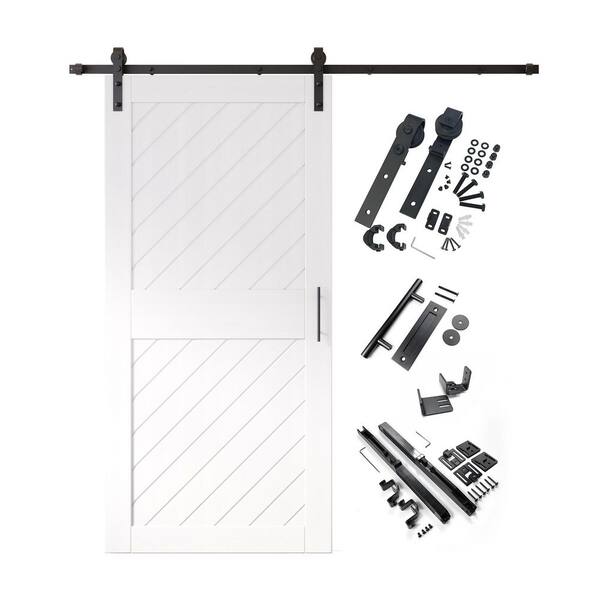 HOMACER XT1 32 in. x 84 in. C-Panel White Slanted Stripe Design Solid Pine Wood Sliding Barn Door with Hardware Kit