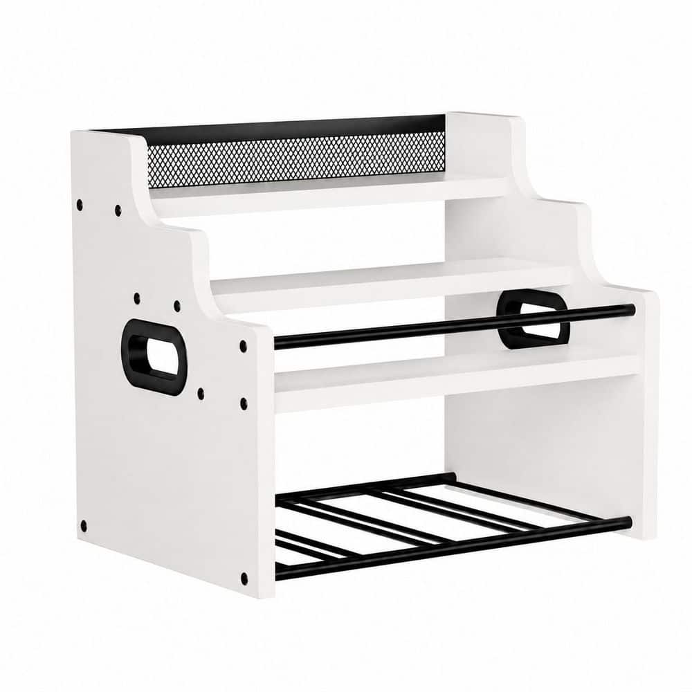 16-Bottle White Engineered Wood and Metal Countertop Wine Rack with Handles and Safety Rail