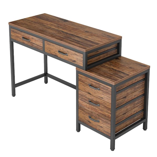 Moronia 51 in. Retangular Brown Black Computer Desk 5-Storage Drawers Home Office Study Writing Table Reversible Cabinet