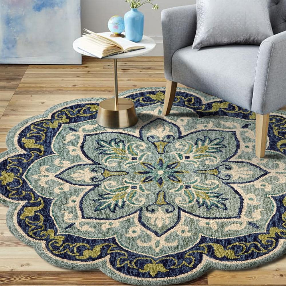 Handmade Round Blue Floral Tufted Wool Area Rug, 48" Diameter