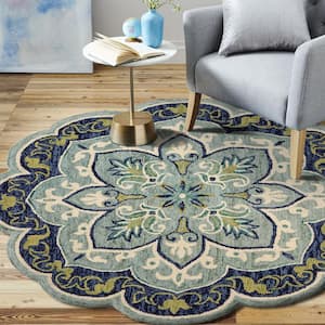 Daliah Geometric Teal Round 4 ft. x 4 ft. Floral Indoor Area Rug