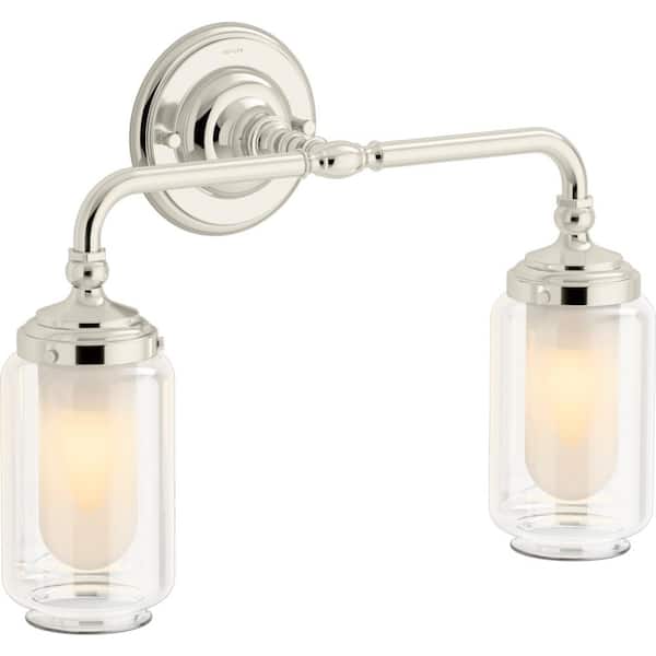 Artifacts 2 Light Polished Nickel Indoor Bathroom Wall Sconce, Downlight Position Only, UL Listed