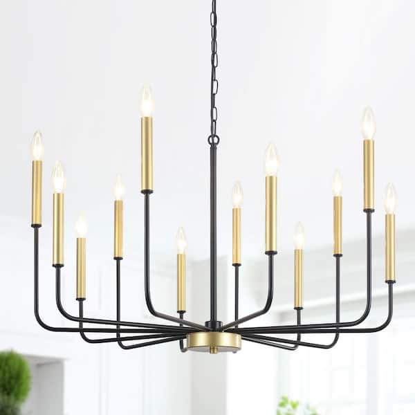 12-Light Black and Gold Candlestick Hanging Island Linear Chandelier Lighting Fixture for Kitchen Island