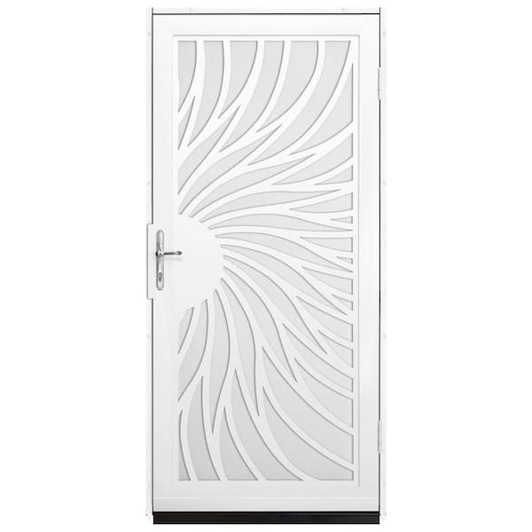 Unique Home Designs 36 in. x 80 in. Solstice White Surface Mount Steel Security Door with White Perforated Screen and Brass Hardware