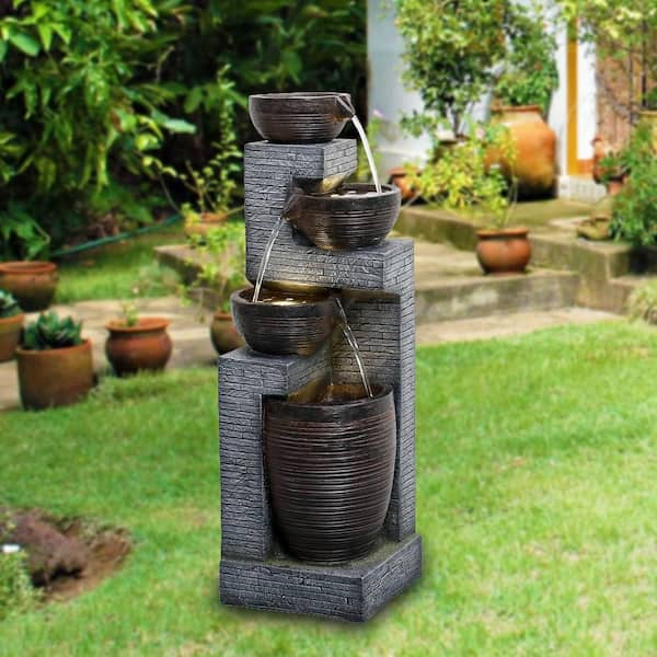 Afoxsos Gray Outdoor Resin Fountain with Light HDMX1139 - The Home Depot