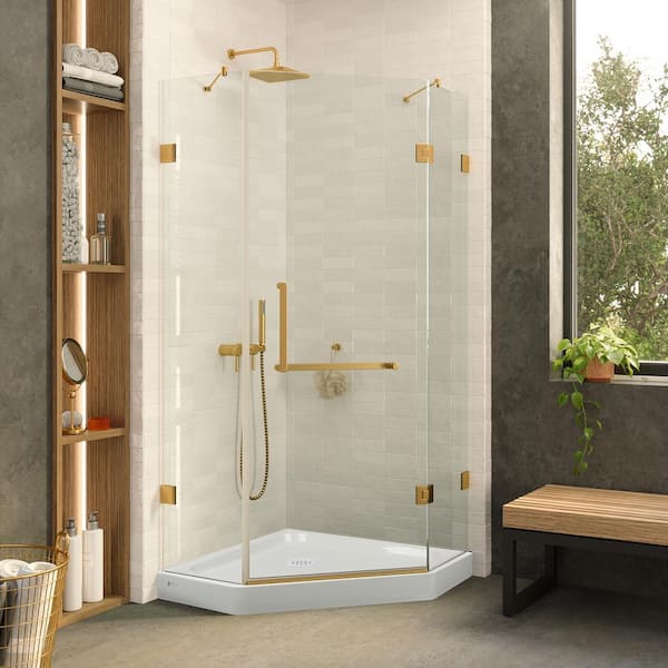 FINE FIXTURES 40 in. W x 40 in. D x 74 in. H Neo Angle Pivot Frameless Corner Shower Enclosure in Satin Brass Finish