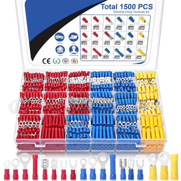1500-Piece Insulated Electrical Wire Terminals Connector Kit - Ring, Butt, Spade, Fork - 22-10 AWG - Red, Blue, Yellow