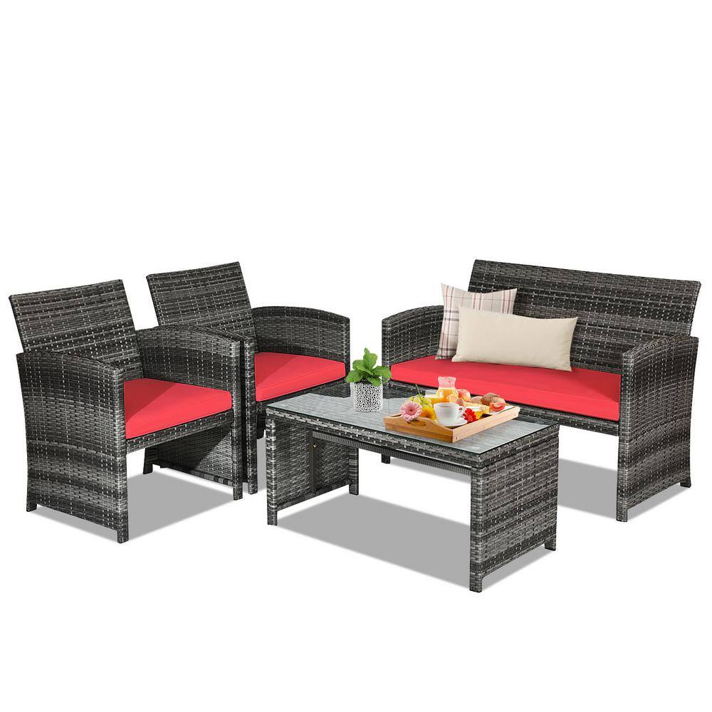 Gtnali 4 Pieces Patio Wicker Patio Conversation Set With Glass Table ...