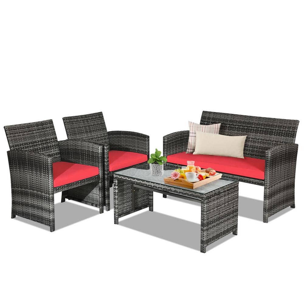 4 Pieces Patio Wicker Patio Conversation Set With Glass Table and Red Cushi