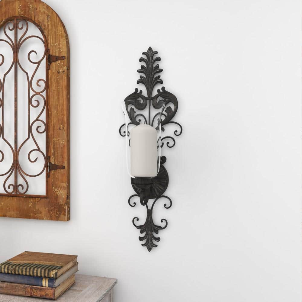 DecMode Bronze Glass Wall Sconce with Scroll Designs