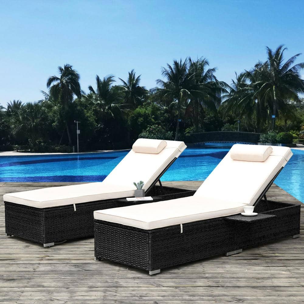 2-Piece Wicker Outdoor Chaise Lounge with Begie Cushions, Folding Side Tabl
