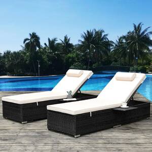 2-Piece Wicker Outdoor Chaise Lounge with Begie Cushions, Folding Side Table and Head Pillows