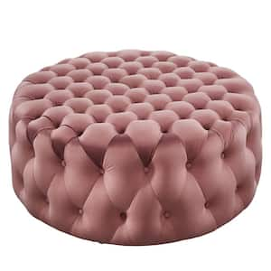 Amour Tufted Button Large Round Performance Dusty Rose Velvet Ottoman