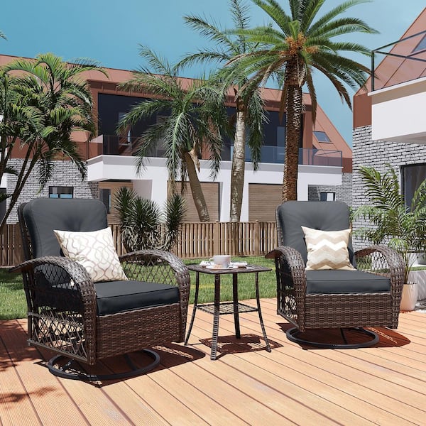 Patio watcher 3-Piece Brown Wicker 360° Patio Conversation Outdoor Rocking Chair Set with Dark Gray Cushions