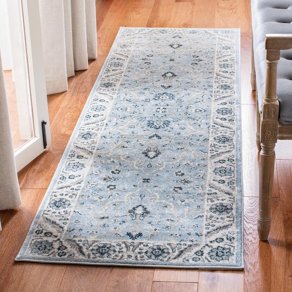 Isabella Light Blue/Cream 2 ft. x 7 ft. Floral Border Runner Rug