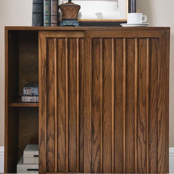 Manfred Mid-Century Walnut 32.7 in. H Wood Storage Cabinet with Shelves, 2 Sliding Doors