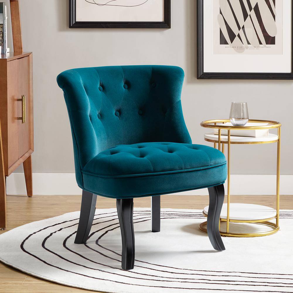 Teal Velvet Button-Tufted Armless Accent Chair with Wooden Legs