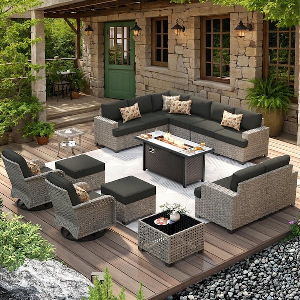 Tiberty Gray 15-Piece Wicker Patio Rectangle Fire Pit Conversation Set with Black Cushions and Swivel Chairs
