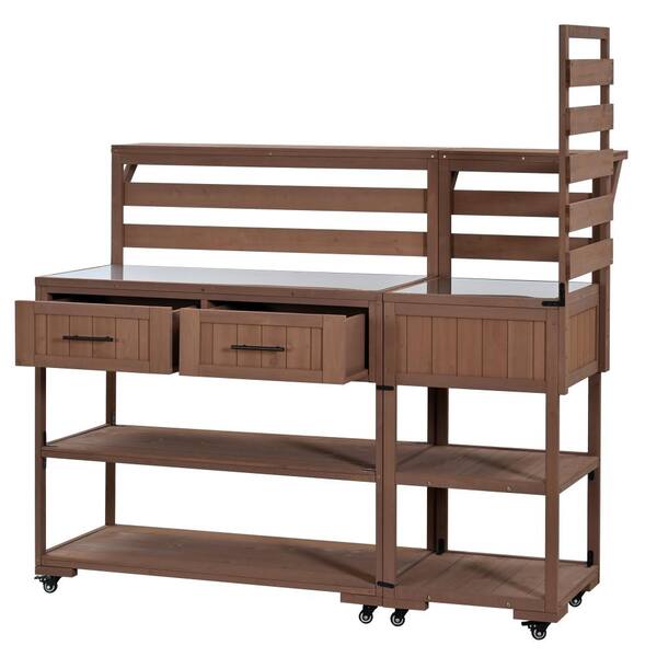 28.6 in. D × 62.3 in. W × 65 in. H Patio Brown Outdoor Garden Potting Bench Table with Raised Shelf and Drawers