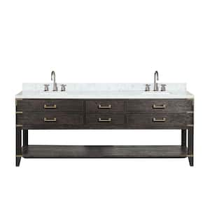 Irvington 84 in W x 22 in D Brown Oak Double Bath Vanity, Carrara Marble Top, and Faucet Set